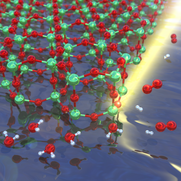 Two-dimensional TiO2 structure with its hexagonal lattice The image shows the two-dimensional TiO2 structure with its hexagonal lattice in the top left with the incident photons represented by a beam of light. As water molecules enter from the bottom left, they dissociate into their constituents, O2 and H2.